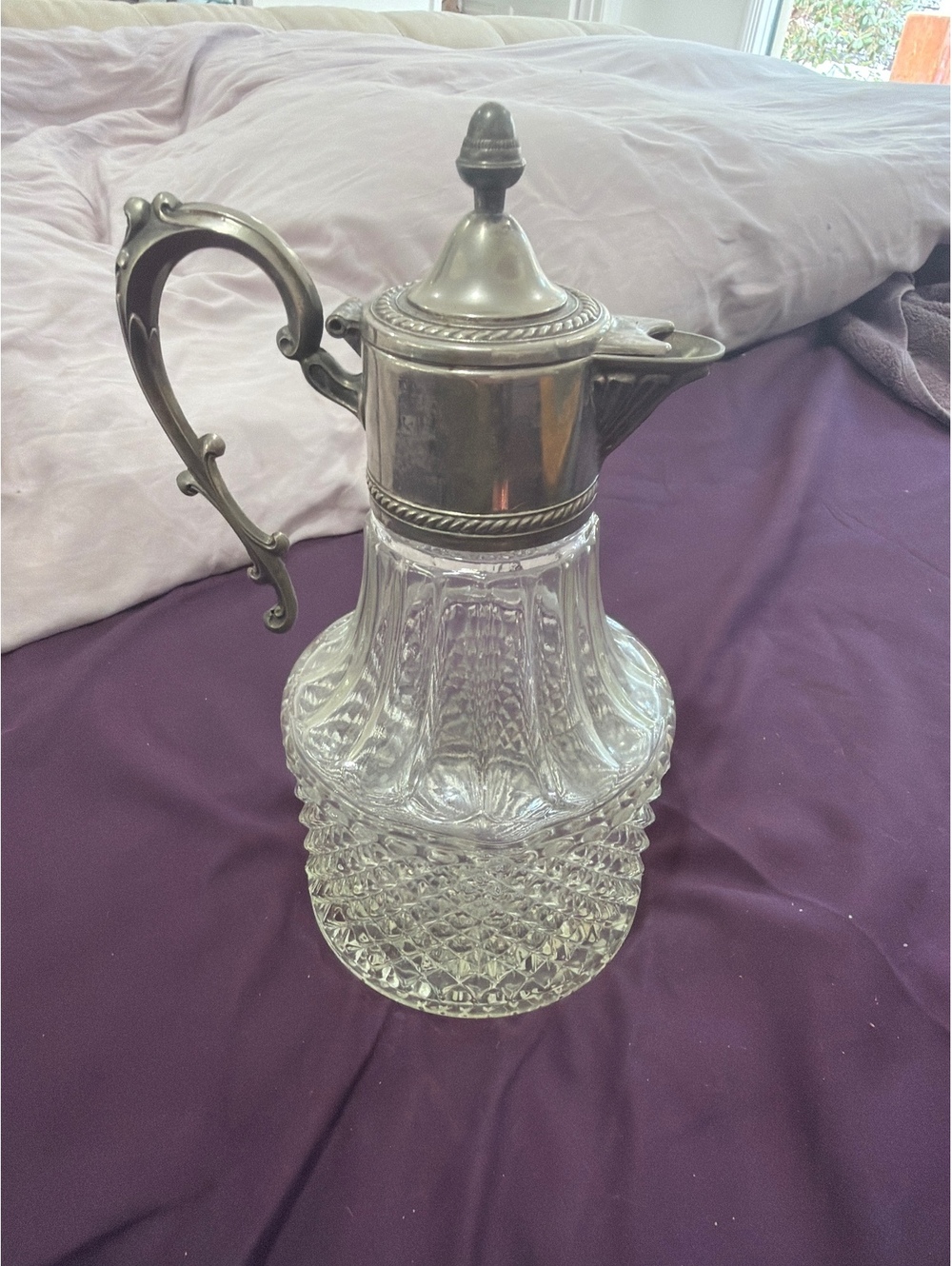Vintage Cut Glass and Silver Plated Pitcher with Ornate Handle